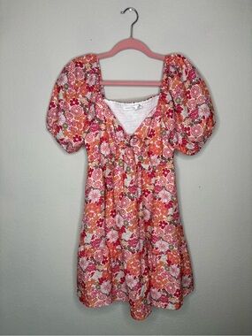 Altar’D State Floral Puff-Sleeve Mini Dress in Coral & Pink